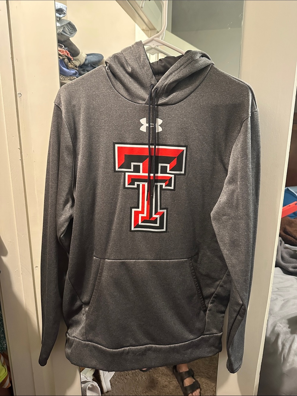 Under Armour Gray Hooded Sweatshirt with Red & Black Double T Logo